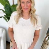 Natural Pointelle Knit Ruffle Sweater Top