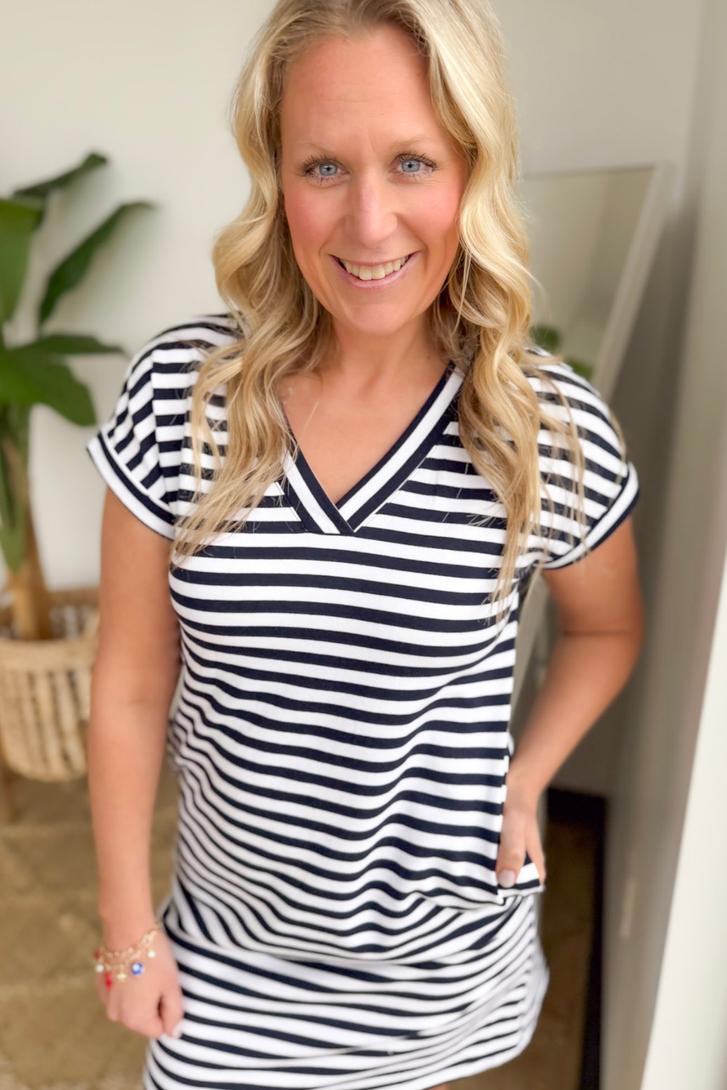 V-Neck Striped Short Sleeve Dress (2 Colors)