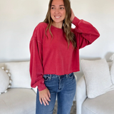 Dark Red Raw Hem Cropped Pullover