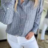 Navy Collared Button Down Striped Top