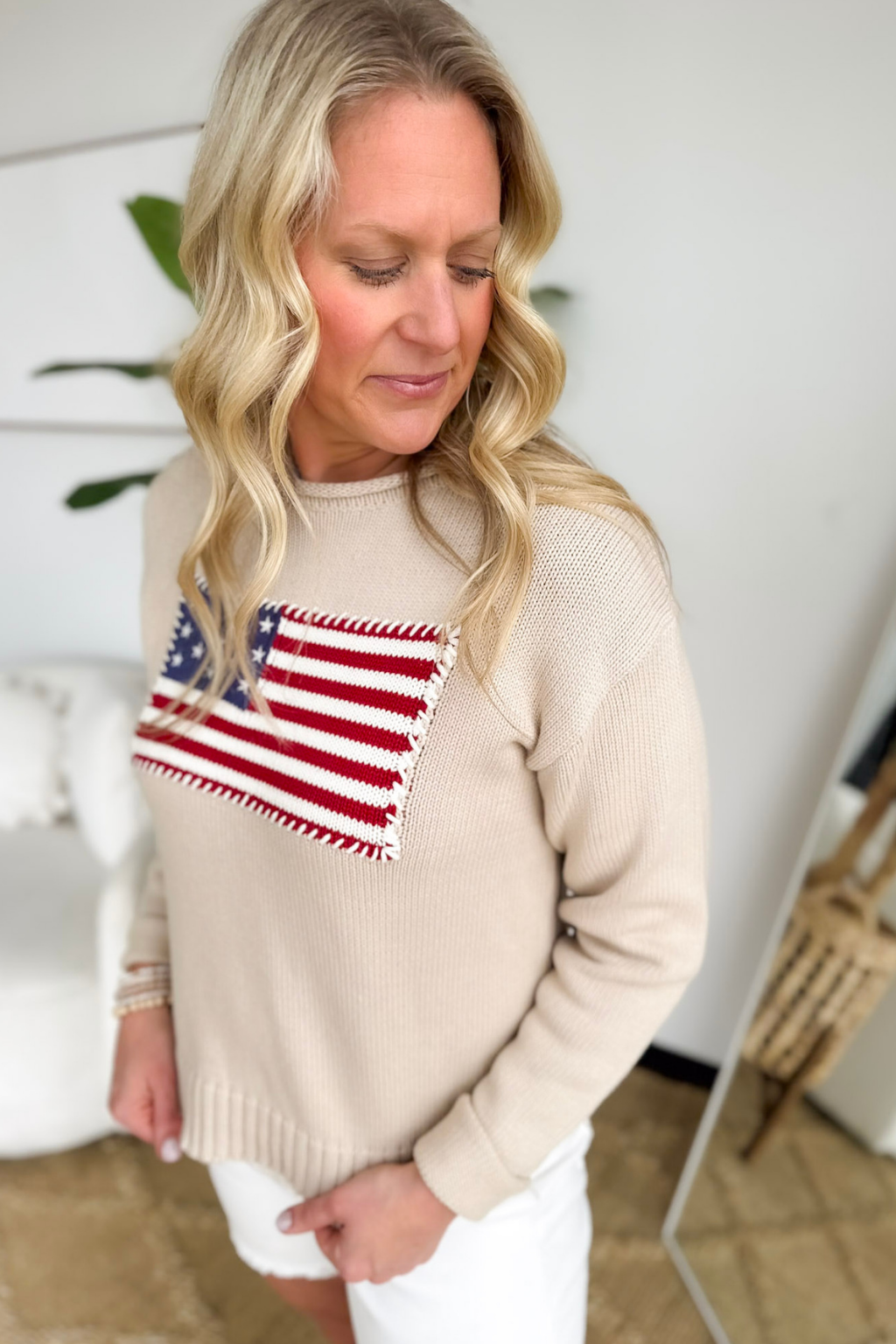 Beige Knit American Flag Sweater