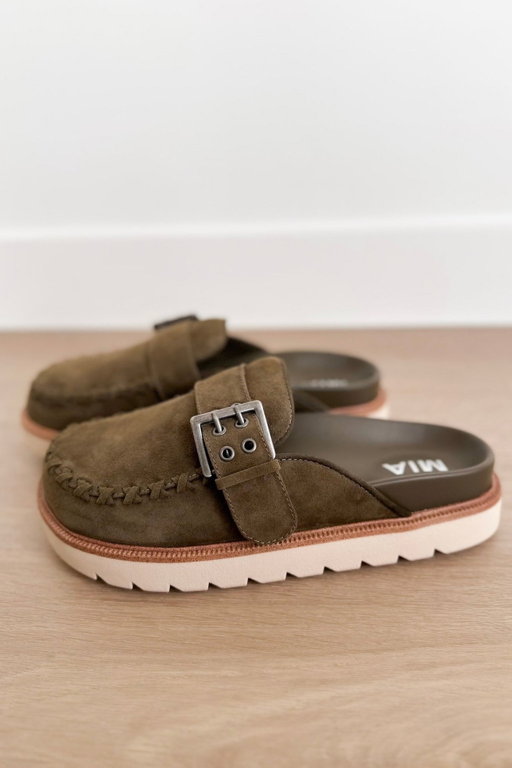 Olive Suede Slip On Clog Mule