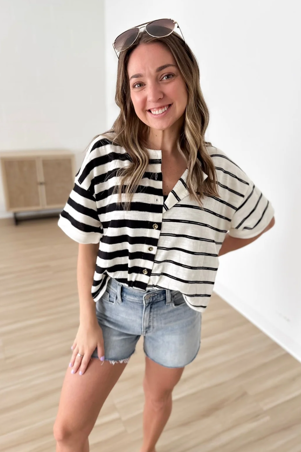 Button Front Black/Ivory Multi Striped Top