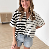 Button Front Black/Ivory Multi Striped Top