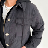 Black Quilted Hooded Button Up Jacket