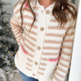 Cream/Taupe Striped Button Top with Pink Accents