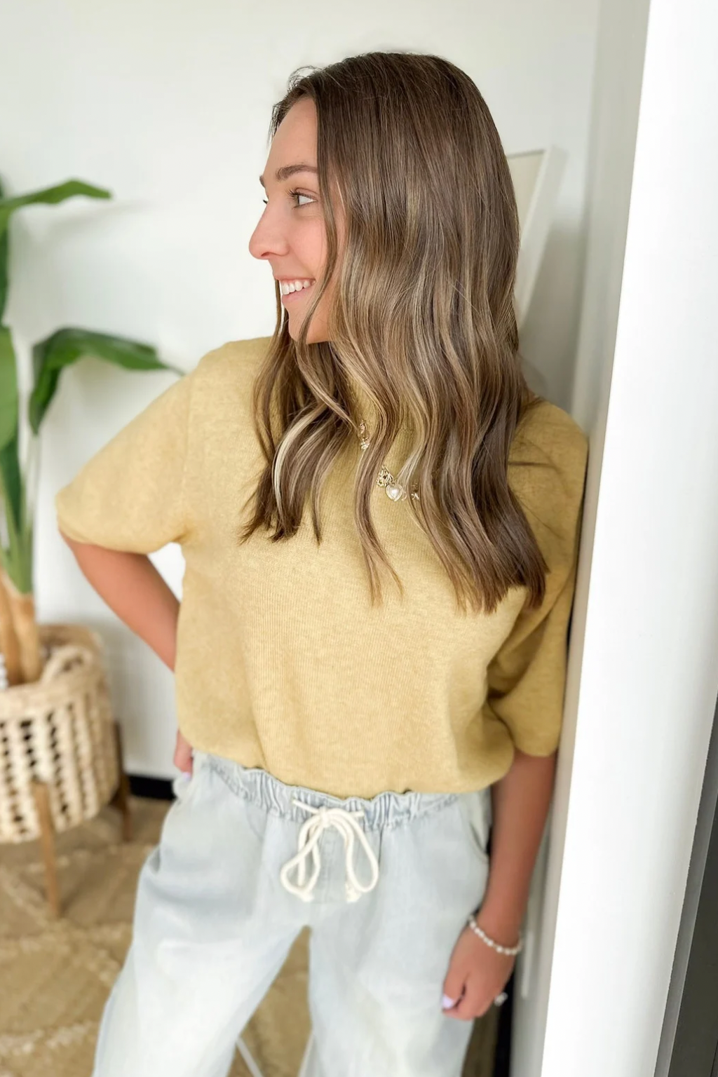 Muted Banana Cream Short Sleeve Sweater Top
