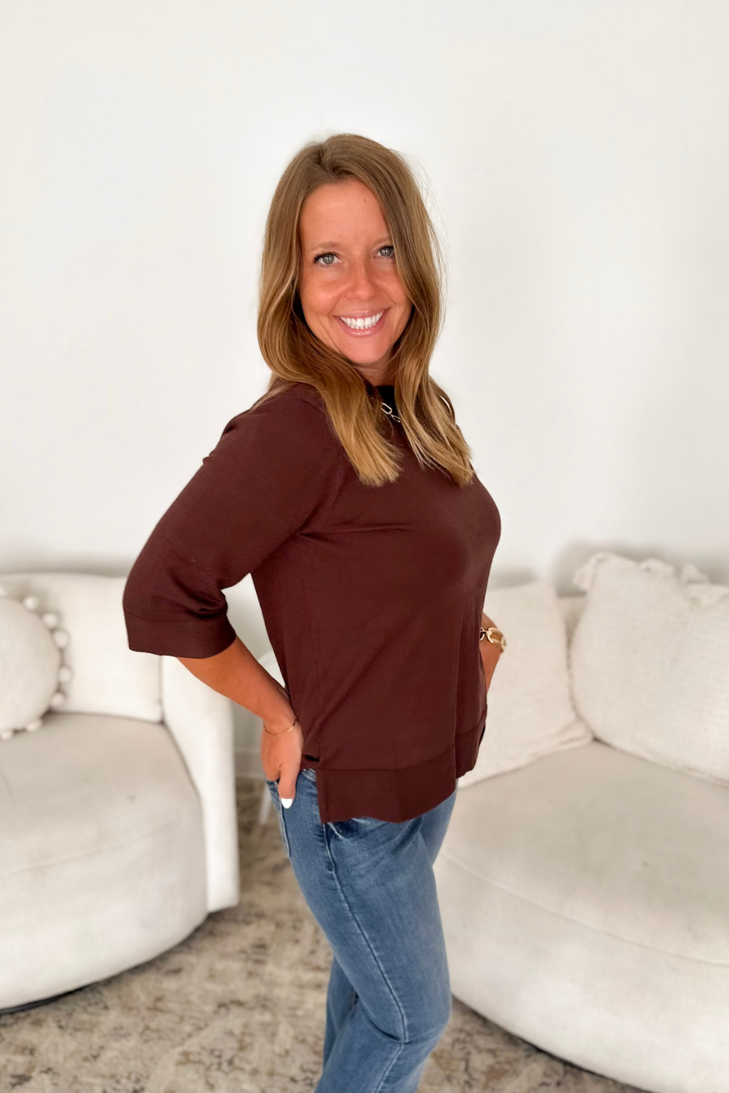 Brown - 1/4 Sleeve Soft Knit Top