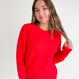 Red Soft Knit Puff Long Sleeve Sweater