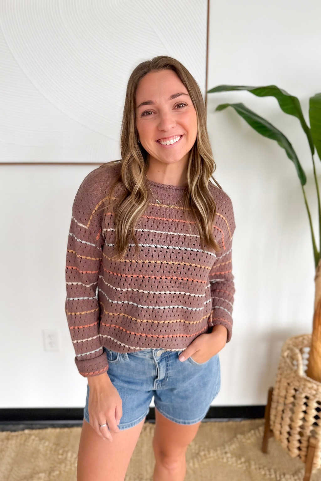 Coco Colored Thin Striped Crochet Sweater
