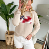 Beige Knit American Flag Sweater