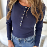 Blue Fitted Long Sleeve Henley Top