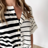 Button Front Black/Ivory Multi Striped Top