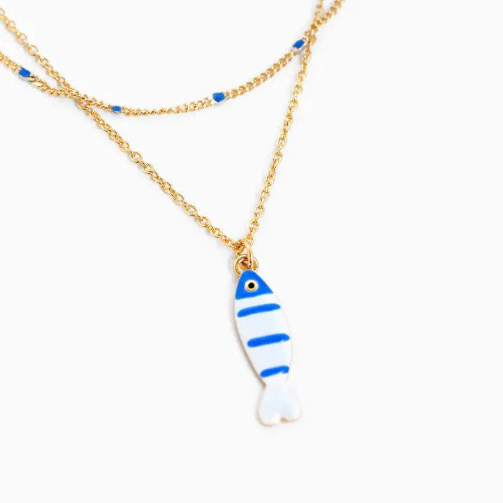 Layered Blue Fish Charm Necklace