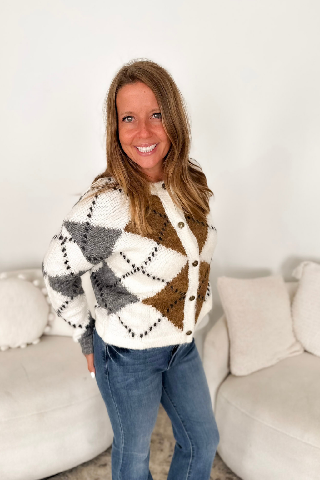 Ivory, Camel & Grey Patterned Knit Button Cardigan