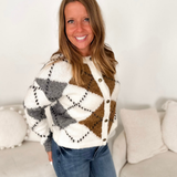 Ivory, Camel & Grey Patterned Knit Button Cardigan