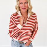 Rust 1/2 Zip Mock Neck Striped Pullover