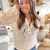 Natural Open Knit Half Button Top