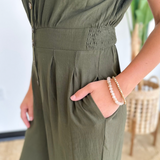 Olive Short Sleeve Button Wide Leg Jumpsuit