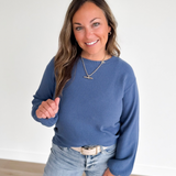 Blue Textured Long Sleeve Top
