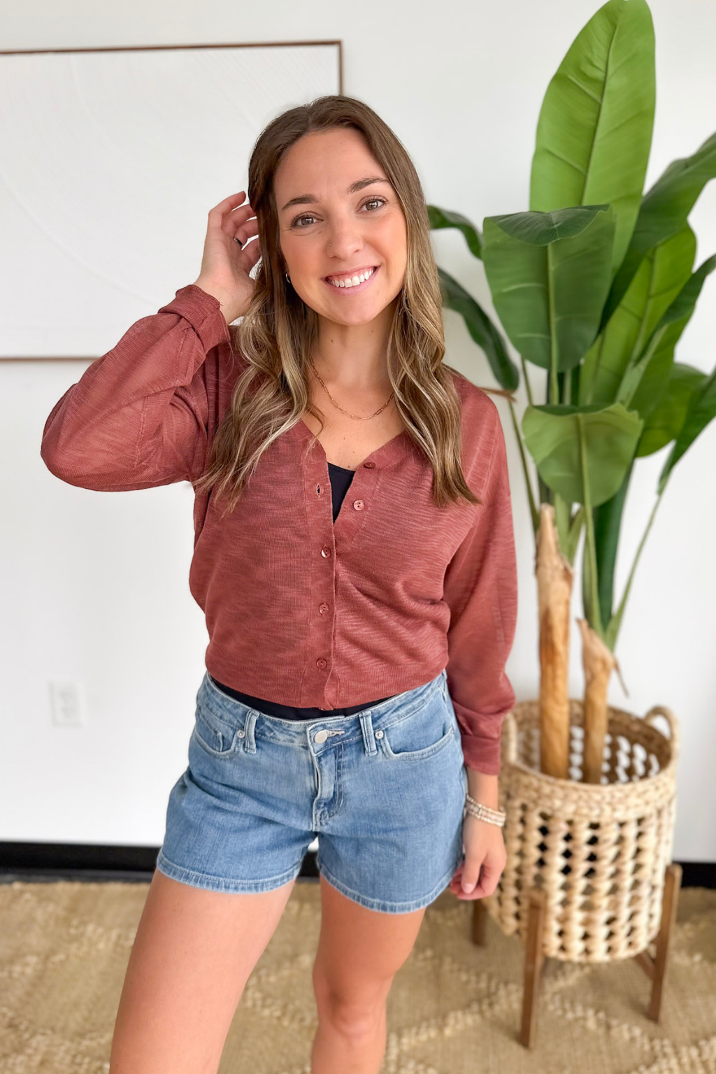 Lightweight V-Neck Button Cardigan-Brick