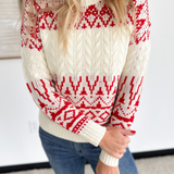 Red & Cream Pattern Crewneck Sweater