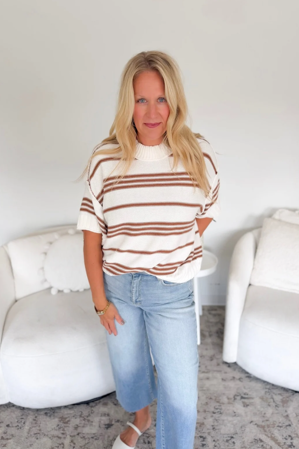 Ivory/Brown Striped Short Sleeve Knit Top