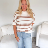 Ivory/Brown Striped Short Sleeve Knit Top