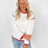 Cream Knit Sweater with Red Trim