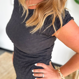 Black Textured Short Sleeve Midi Dress