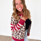 Leopard/Striped Sleeve Button Down Cardigan