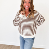 Mocha 1/2 Zip Mock Neck Striped Pullover