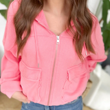 Waffle Knit Hoodie Zip Up Cropped Jacket