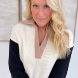 Colorblock Cream Ribbed Knit Relaxed Sweater