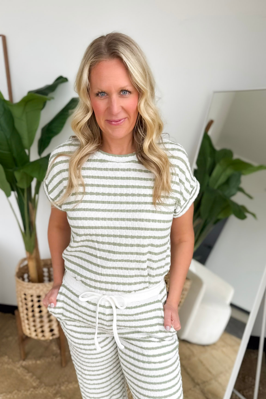 Green Striped Short Sleeve Top