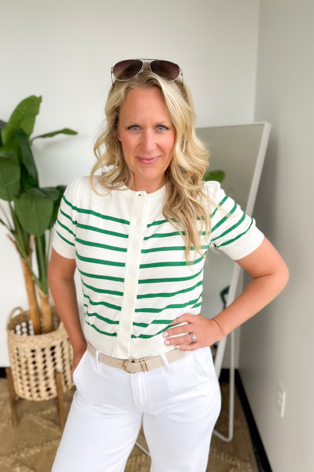 Ivory/Green Stripe Short Sleeve Knit Button Top