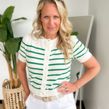 Ivory/Green Stripe Short Sleeve Knit Button Top