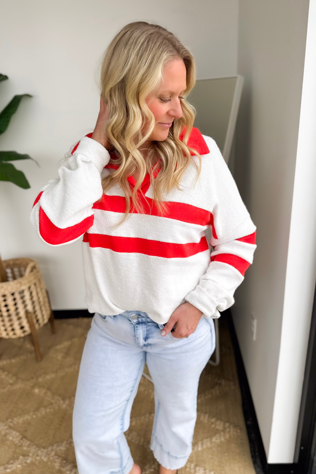 Red/White V-Neck Collared Textured Top