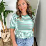Green/Ivory Striped 1/2 Sleeve Knit Top