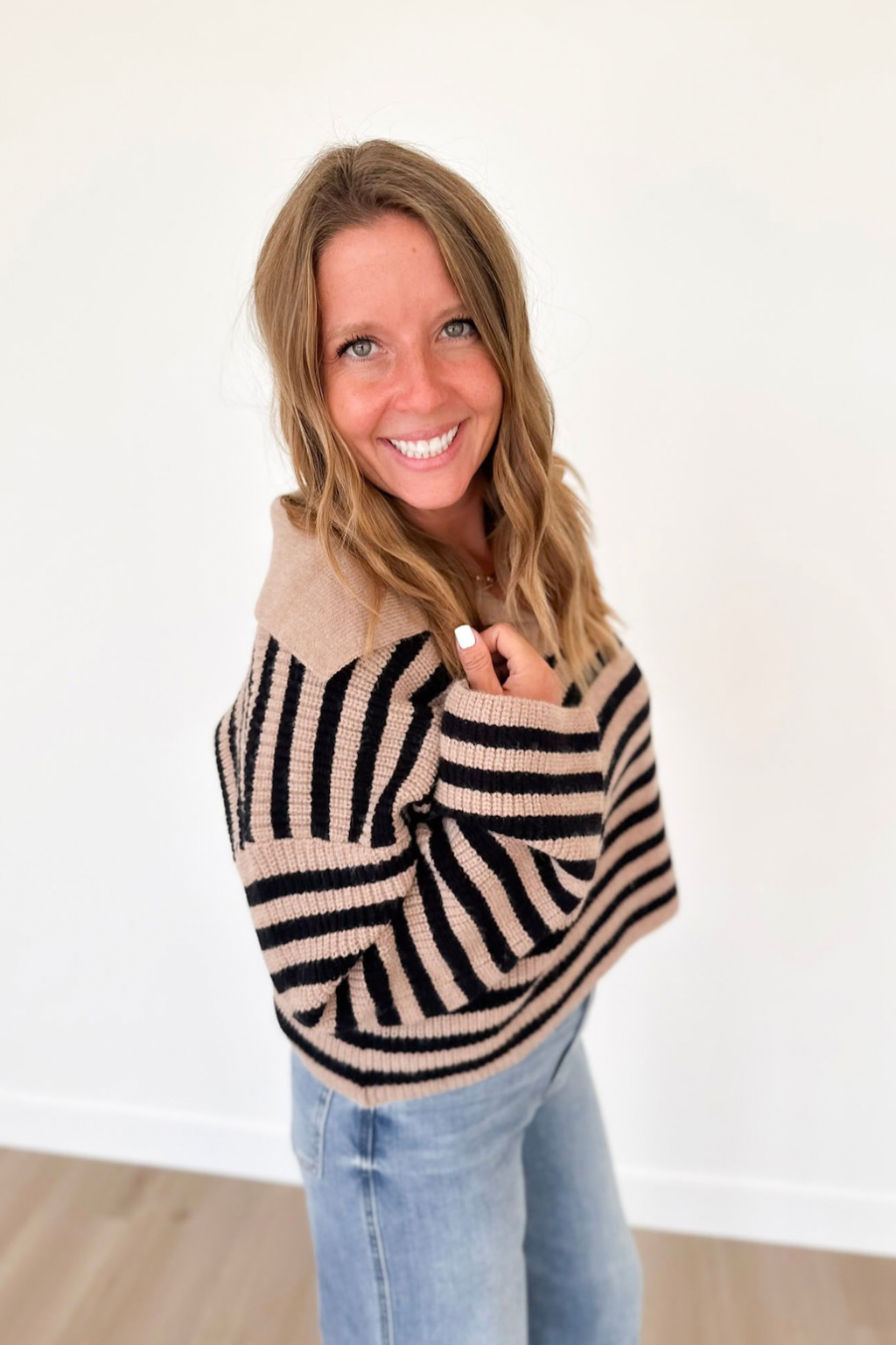 Tan & Black Striped Collared V-Neck Sweater