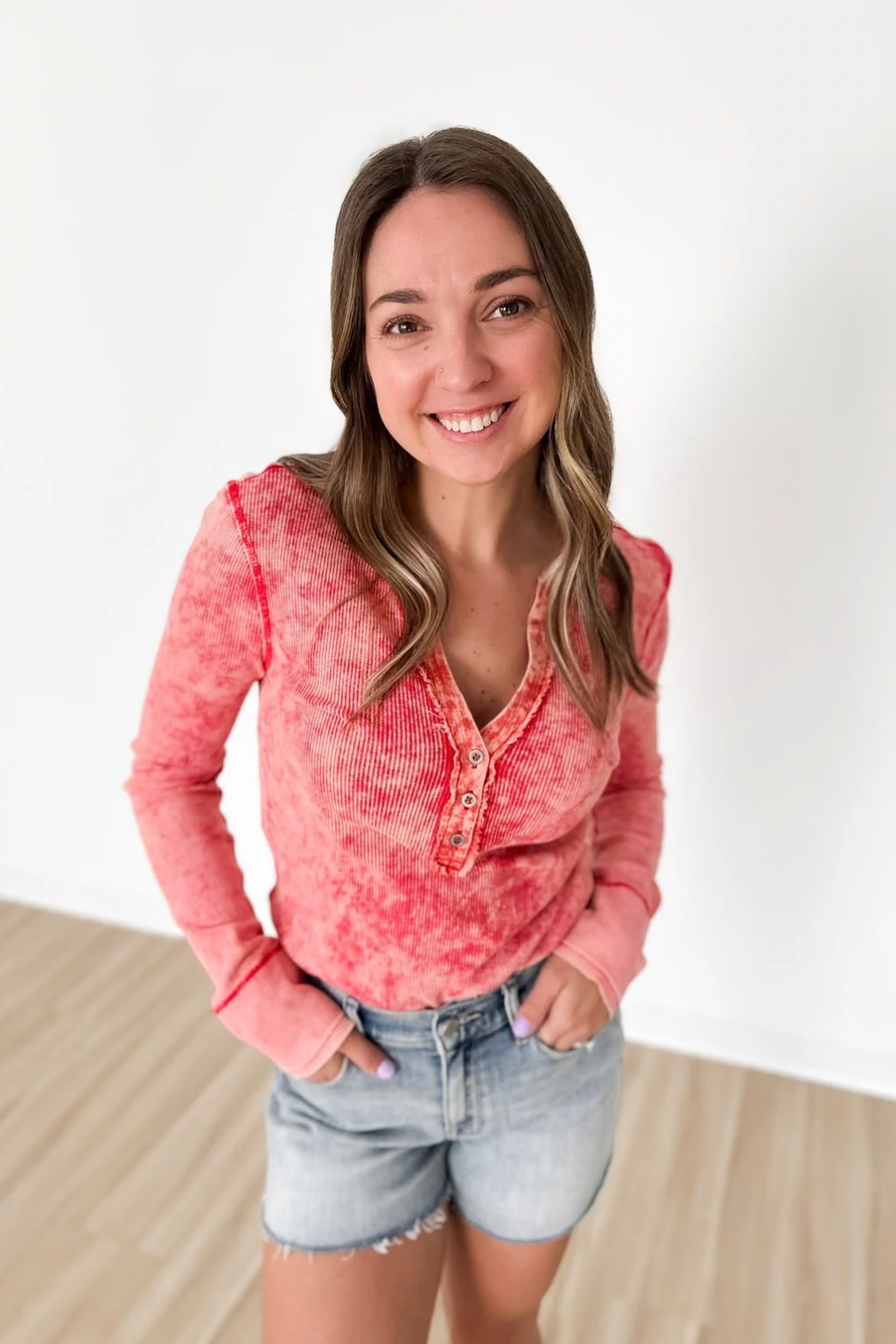 Red Washed Henley Waffle Top