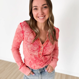 Red Washed Henley Waffle Top