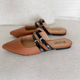 Double Strap Pointed Toe Cognac Mule