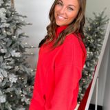 Mock Neck Relaxed Long Sleeve Pullover-Red