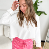 White Ribbed Relaxed Snap Button Pullover