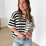 Button Front Black/Ivory Multi Striped Top