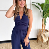 Navy V-Neck Cropped Jumpsuit