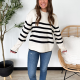 Relaxed Ivory Knit Sweater with Black Stripes