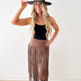 Brown Suede Fringe Midi Skirt