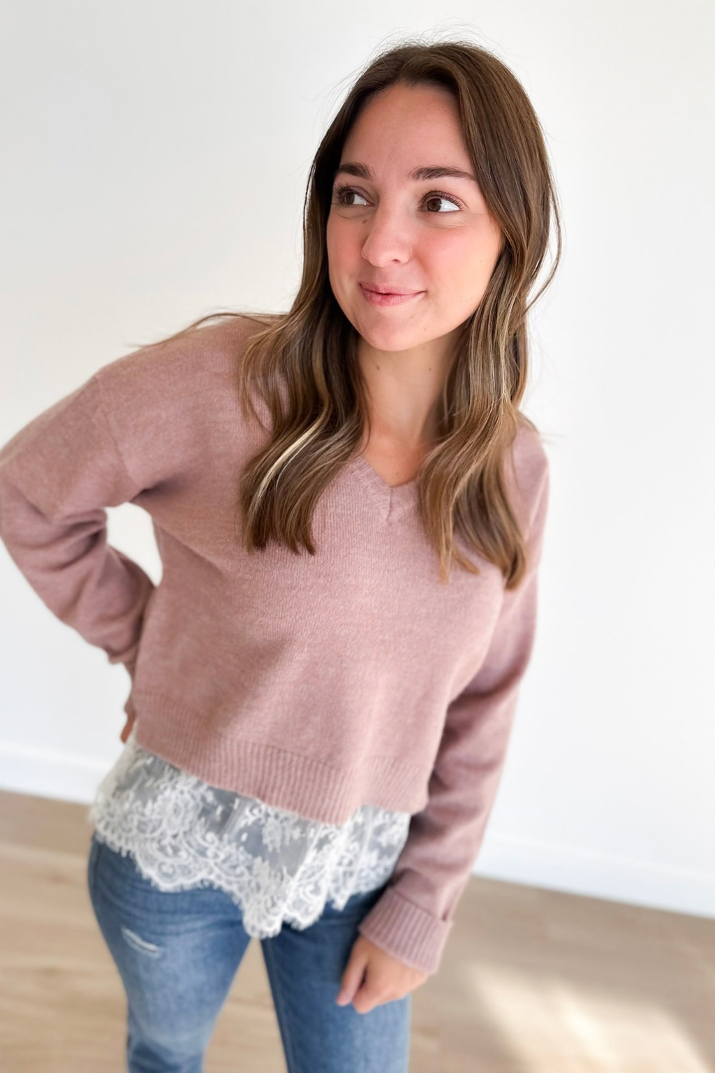 Vintage Rose Sweater with Lace Hemline